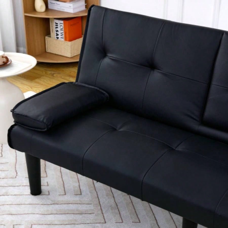 67 - inch black PVC multi - functional sofa bed with a foldable and cup holder design makes it extremely convenient to turn living room into a guest room
