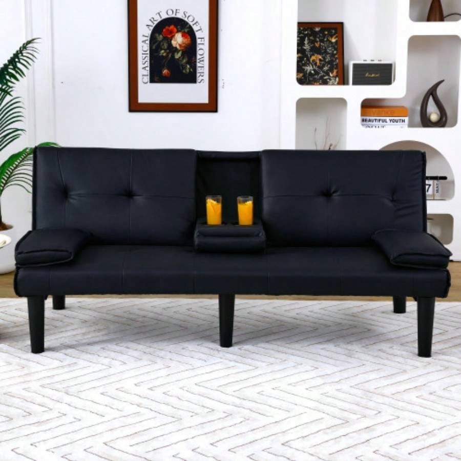 67 - inch black PVC multi - functional sofa bed with a foldable and cup holder design makes it extremely convenient to turn living room into a guest room