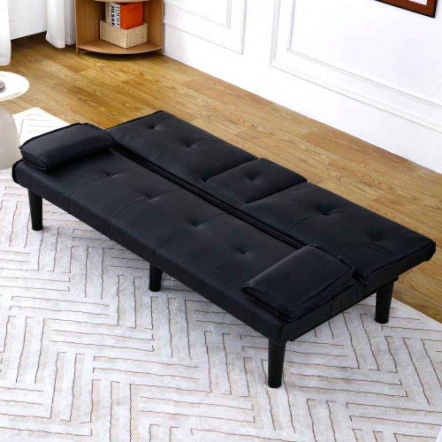 67 - inch black PVC multi - functional sofa bed with a foldable and cup holder design makes it extremely convenient to turn living room into a guest room