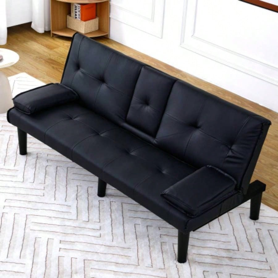 67 - inch black PVC multi - functional sofa bed with a foldable and cup holder design makes it extremely convenient to turn living room into a guest room
