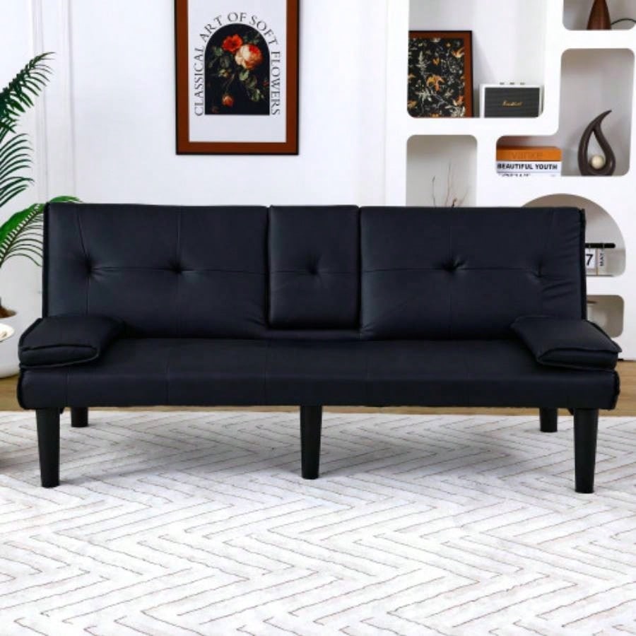 67 - inch black PVC multi - functional sofa bed with a foldable and cup holder design makes it extremely convenient to turn living room into a guest room