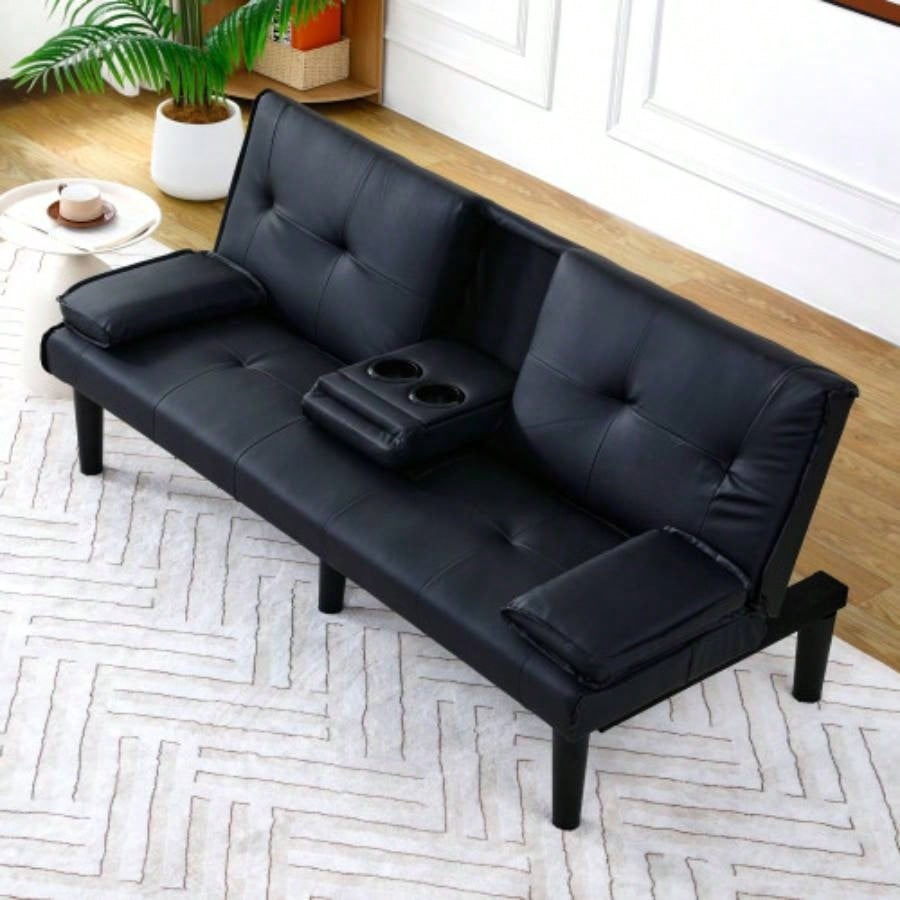 67 - inch black PVC multi - functional sofa bed with a foldable and cup holder design makes it extremely convenient to turn living room into a guest room