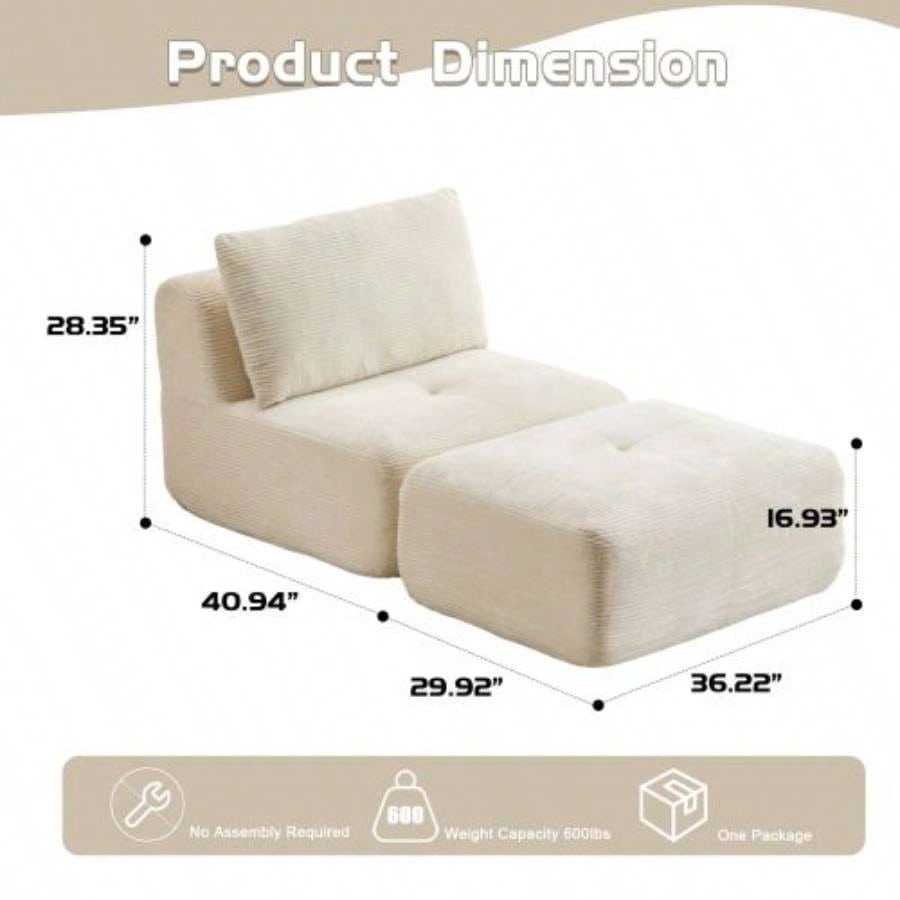 Modern Foam Compressed Sofa, Single Chaise Longue Living Room, Pet - Friendly Cloud Modular Sectional Sofa, Corduroy Fabric, Movable Ottoman, No Assembly with Pillows, Beige