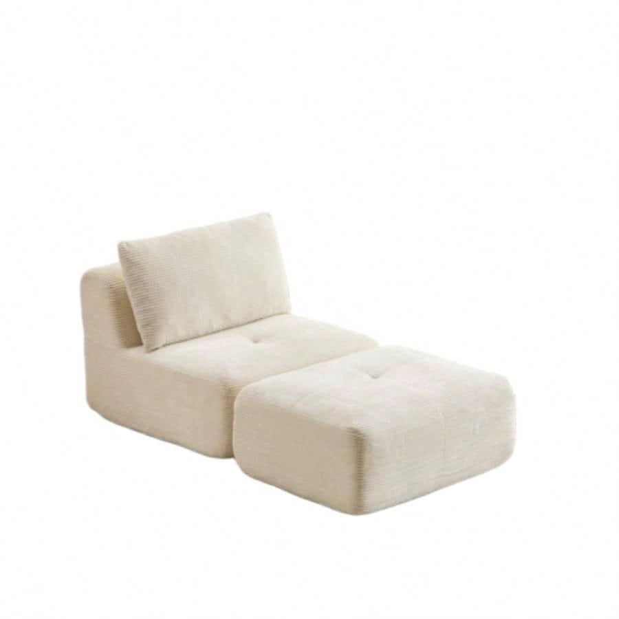 Modern Foam Compressed Sofa, Single Chaise Longue Living Room, Pet - Friendly Cloud Modular Sectional Sofa, Corduroy Fabric, Movable Ottoman, No Assembly with Pillows, Beige