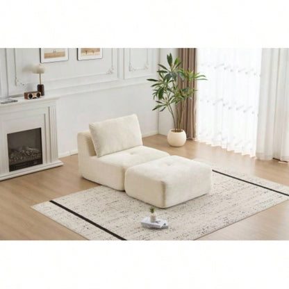 Modern Foam Compressed Sofa, Single Chaise Longue Living Room, Pet - Friendly Cloud Modular Sectional Sofa, Corduroy Fabric, Movable Ottoman, No Assembly with Pillows, Beige