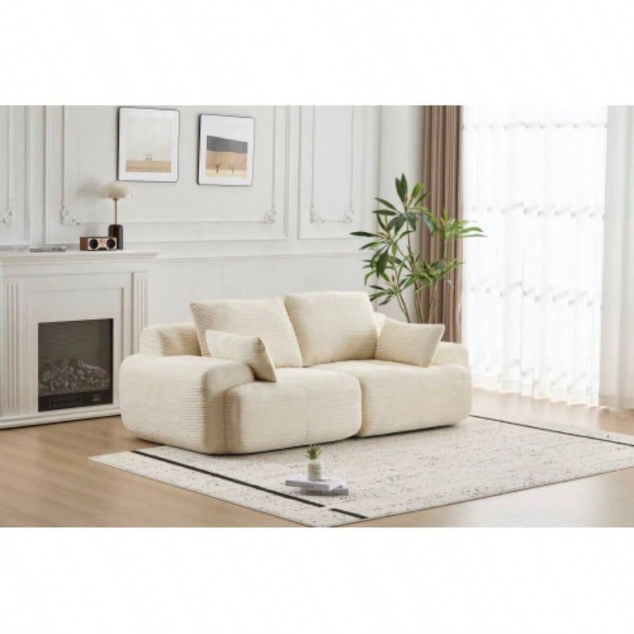 Modern Foam Compressed Sofa, Single Chaise Longue Living Room, Pet - Friendly Cloud Modular Sectional Sofa, Corduroy Fabric, Movable Ottoman, No Assembly with Pillows, Beige