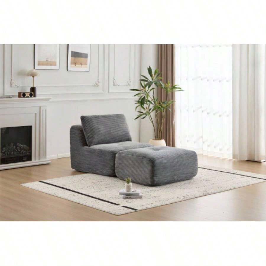 Modern Foam Compressed Sofa, Single Chaise Longue Living Room, Pet - Friendly Cloud Modular Sectional Sofa, Corduroy Fabric, Movable Ottoman, No Assembly with Pillows, Beige
