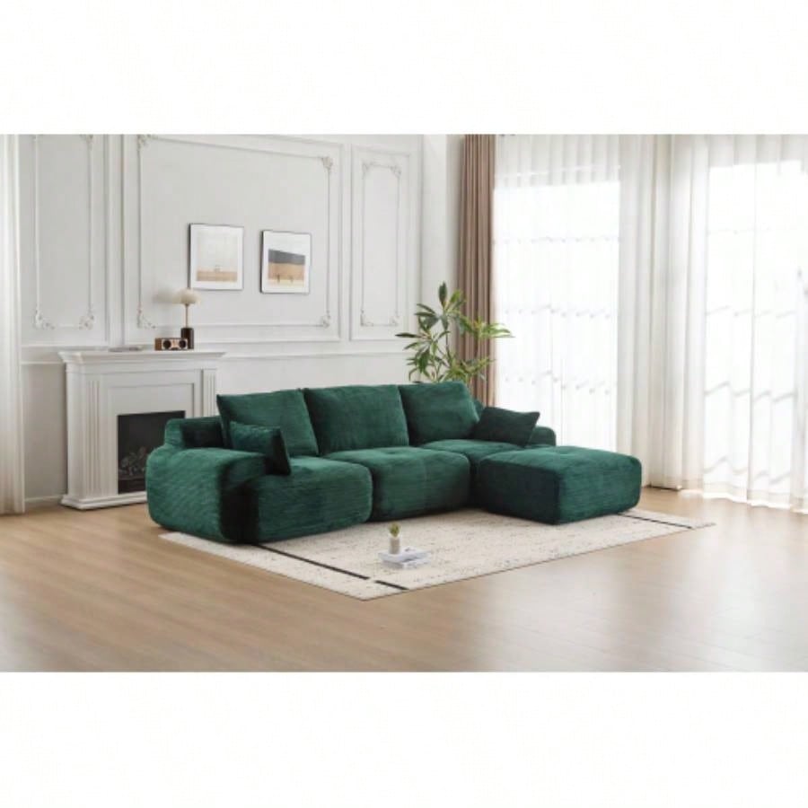 Modern Foam Compressed Sofa, Single Chaise Longue Living Room, Pet - Friendly Cloud Modular Sectional Sofa, Corduroy Fabric, Movable Ottoman, No Assembly with Pillows, Beige