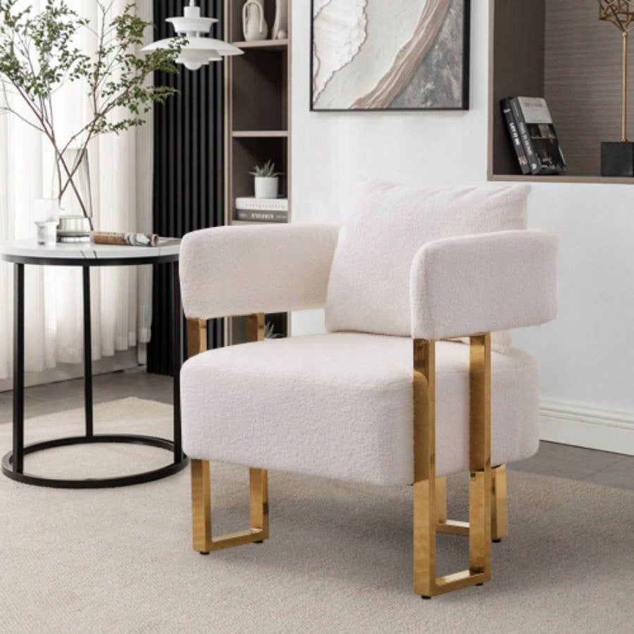 TS Modern decorative chair, living room side chair with gold metal, no wheels, suitable dressing area, reception room, office, Teddy fleece upholstered metal foot sofas 2PCS White