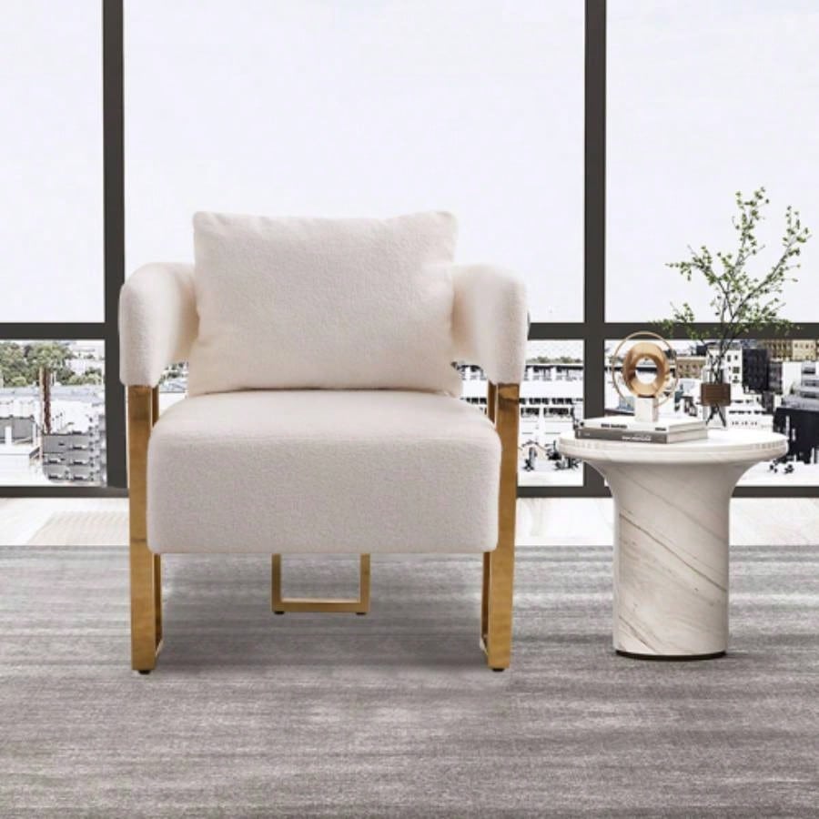 TS Modern decorative chair, living room side chair with gold metal, no wheels, suitable dressing area, reception room, office, Teddy fleece upholstered metal foot sofas 2PCS White