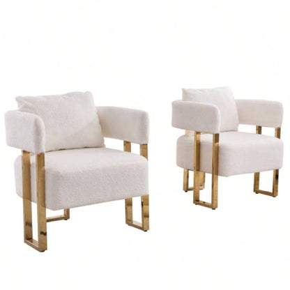 TS Modern decorative chair, living room side chair with gold metal, no wheels, suitable dressing area, reception room, office, Teddy fleece upholstered metal foot sofas 2PCS White