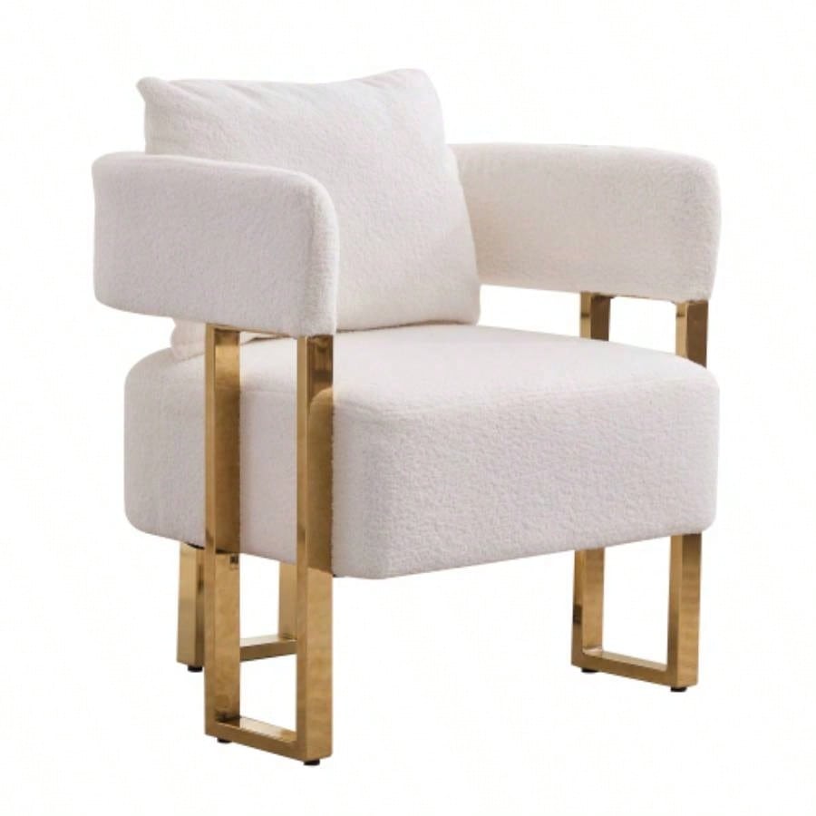 TS Modern decorative chair, living room side chair with gold metal, no wheels, suitable dressing area, reception room, office, Teddy fleece upholstered metal foot sofas 2PCS White