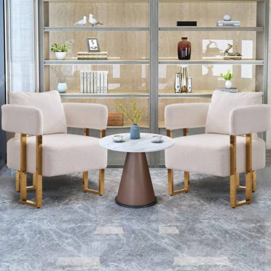 TS Modern decorative chair, living room side chair with gold metal, no wheels, suitable dressing area, reception room, office, Teddy fleece upholstered metal foot sofas 2PCS White