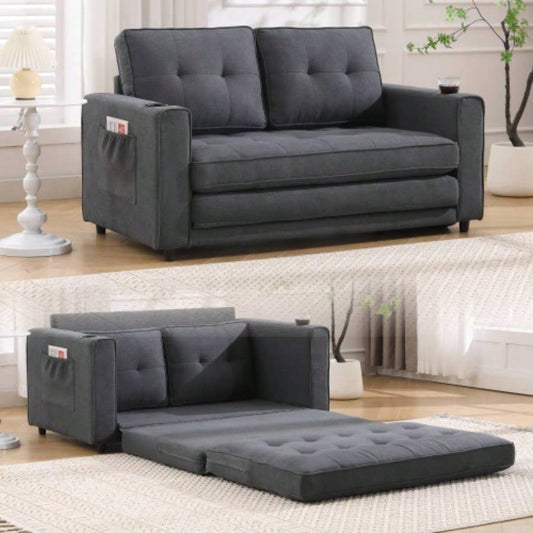 VIDEO Provided3 - in - 1 Upholstered Futon Sofa Convertible Floor Sofa bed, Foldable Tufted Loveseat with Pull Out Sleeper Couch Bed, Folding Mattres Love Daybed/Side Pockets Living Room, Brown
