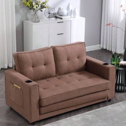 VIDEO Provided3 - in - 1 Upholstered Futon Sofa Convertible Floor Sofa bed, Foldable Tufted Loveseat with Pull Out Sleeper Couch Bed, Folding Mattres Love Daybed/Side Pockets Living Room, Brown