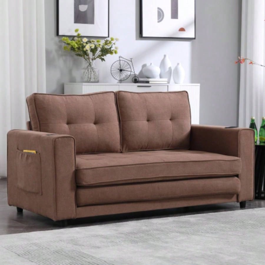 VIDEO Provided3 - in - 1 Upholstered Futon Sofa Convertible Floor Sofa bed, Foldable Tufted Loveseat with Pull Out Sleeper Couch Bed, Folding Mattres Love Daybed/Side Pockets Living Room, Brown