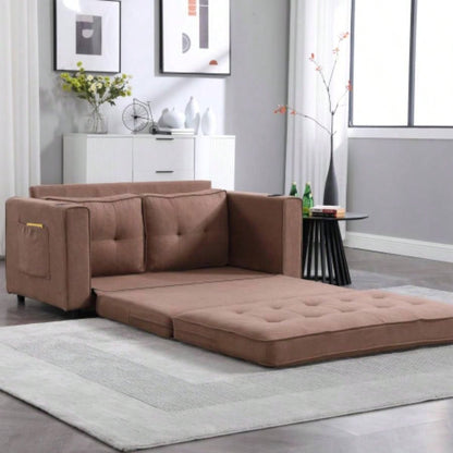 VIDEO Provided3 - in - 1 Upholstered Futon Sofa Convertible Floor Sofa bed, Foldable Tufted Loveseat with Pull Out Sleeper Couch Bed, Folding Mattres Love Daybed/Side Pockets Living Room, Brown