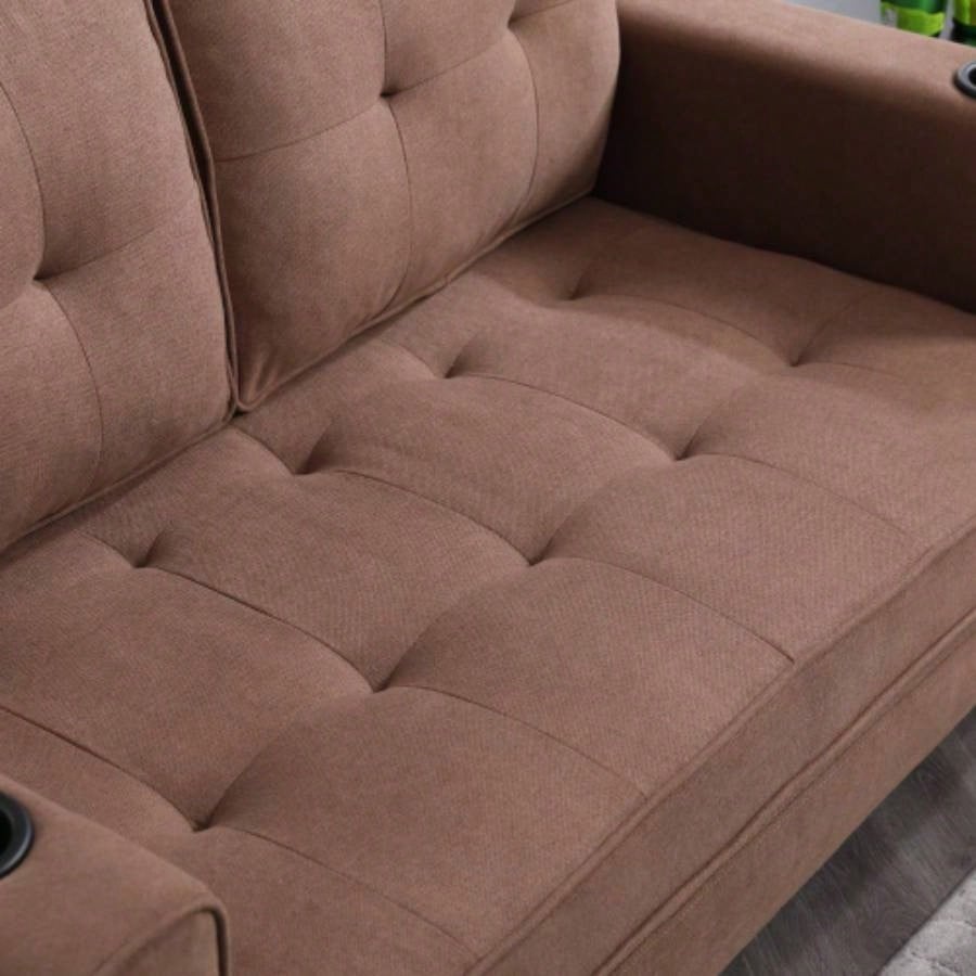 VIDEO Provided3 - in - 1 Upholstered Futon Sofa Convertible Floor Sofa bed, Foldable Tufted Loveseat with Pull Out Sleeper Couch Bed, Folding Mattres Love Daybed/Side Pockets Living Room, Brown