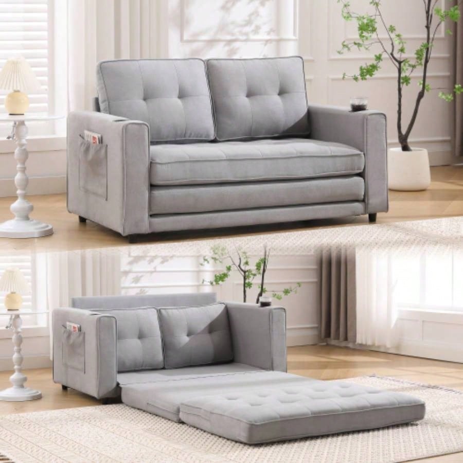 VIDEO Provided3 - in - 1 Upholstered Futon Sofa Convertible Floor Sofa bed, Foldable Tufted Loveseat with Pull Out Sleeper Couch Bed, Folding Mattres Love Daybed/Side Pockets Living Room, Brown