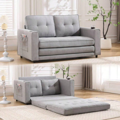 VIDEO Provided3 - in - 1 Upholstered Futon Sofa Convertible Floor Sofa bed, Foldable Tufted Loveseat with Pull Out Sleeper Couch Bed, Folding Mattres Love Daybed/Side Pockets Living Room, Brown