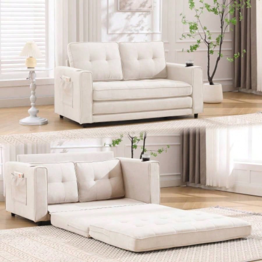 VIDEO Provided3 - in - 1 Upholstered Futon Sofa Convertible Floor Sofa bed, Foldable Tufted Loveseat with Pull Out Sleeper Couch Bed, Folding Mattres Love Daybed/Side Pockets Living Room, Brown