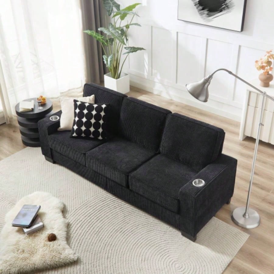 83.86Corduroy Fabric sofa, Modern Compressed Couch, 3 - Seater Sofa, Furniture Living Room, Bedroom, office, Black