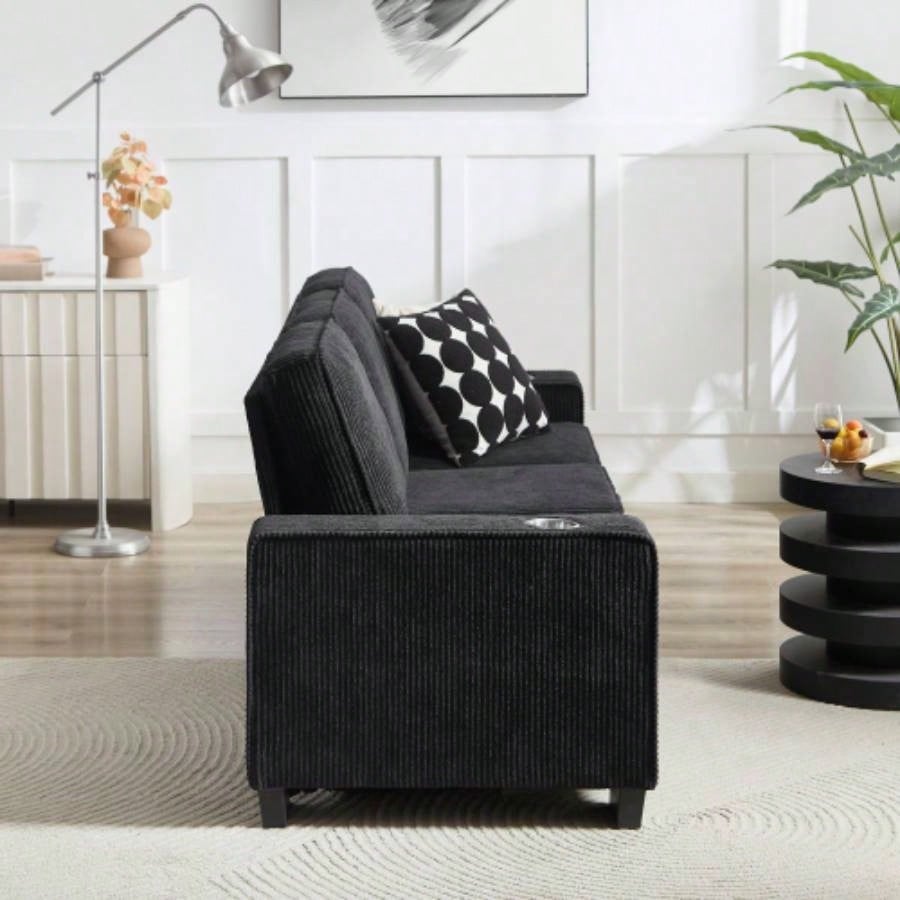 83.86Corduroy Fabric sofa, Modern Compressed Couch, 3 - Seater Sofa, Furniture Living Room, Bedroom, office, Black