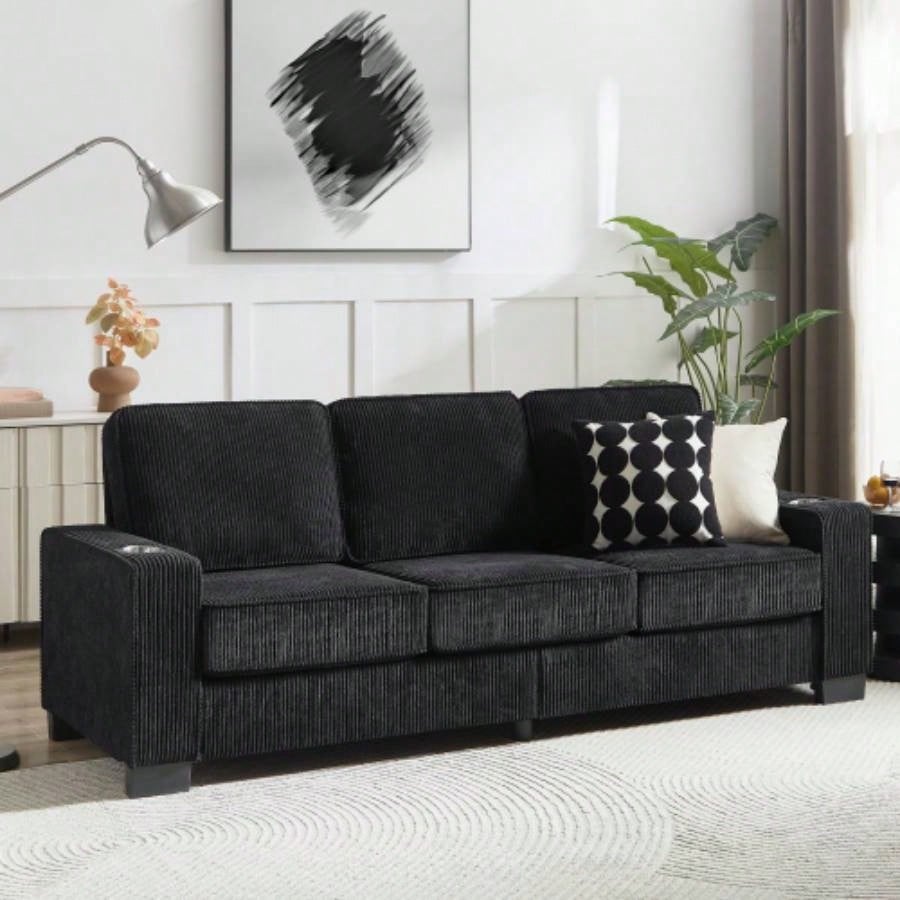 83.86Corduroy Fabric sofa, Modern Compressed Couch, 3 - Seater Sofa, Furniture Living Room, Bedroom, office, Black