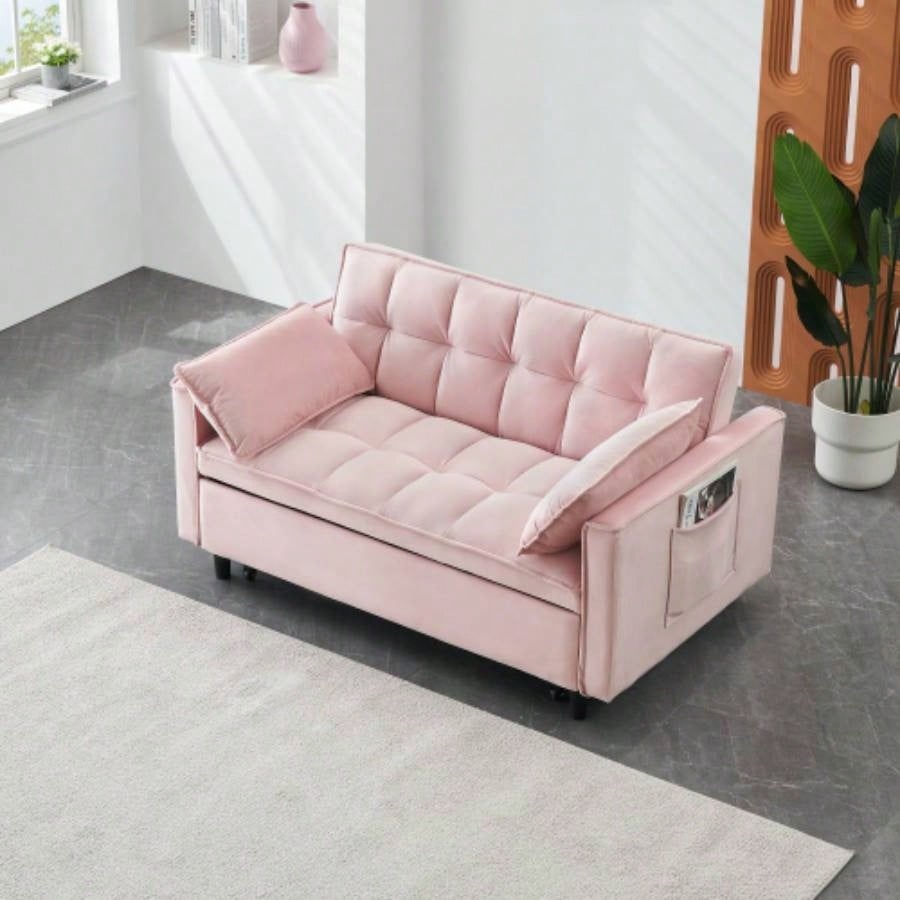 Modern velvet sofa, sofa pull - out bed, small love casual sofa with back, with pillow, pockets, living room furniture, 3 in 1 convertible sleep sofa bed.