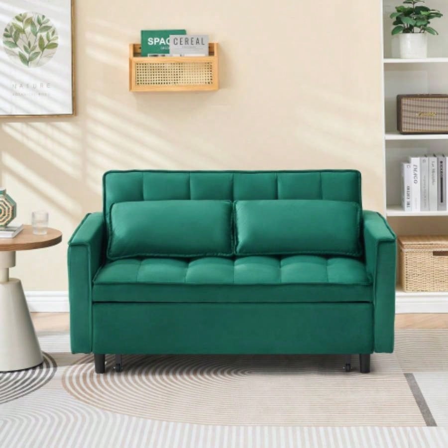 Modern velvet sofa, sofa pull - out bed, small love casual sofa with back, with pillow, pockets, living room furniture, 3 in 1 convertible sleep sofa bed.