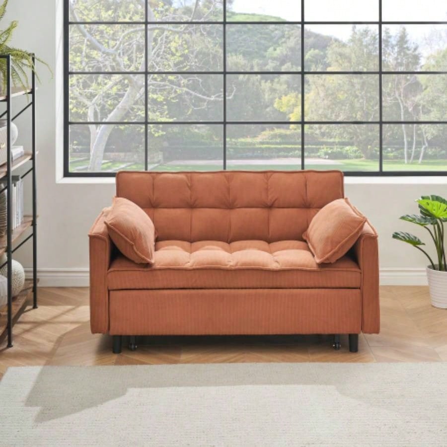 Modern velvet sofa, sofa pull - out bed, small love casual sofa with back, with pillow, pockets, living room furniture, 3 in 1 convertible sleep sofa bed.