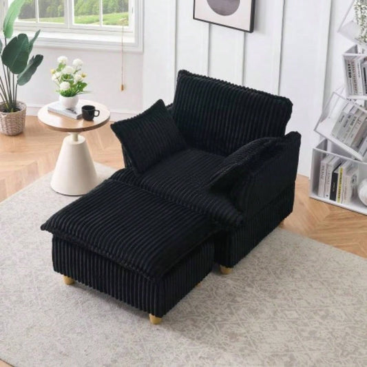 This single - corduroy sofa comes with an ottoman and throw pillows. Its sitting or lying down comfortably in living room, on balcony, or in study.