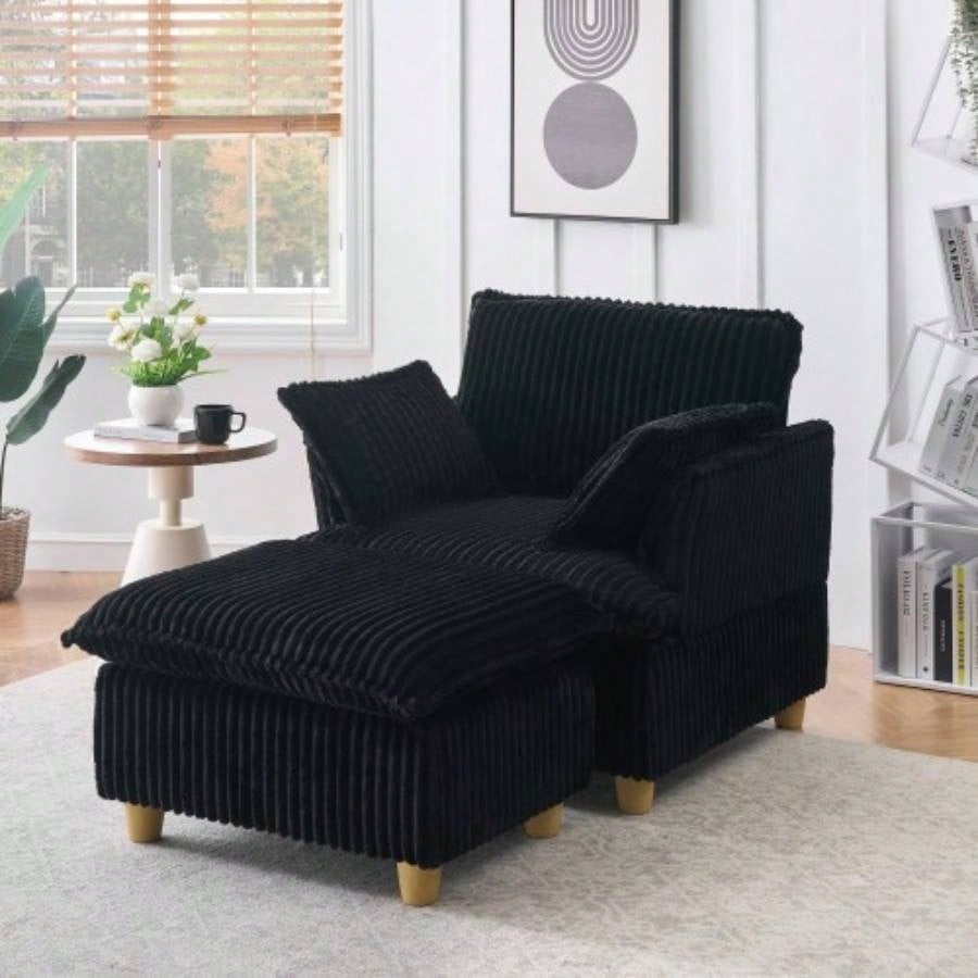 This single - corduroy sofa comes with an ottoman and throw pillows. Its sitting or lying down comfortably in living room, on balcony, or in study.
