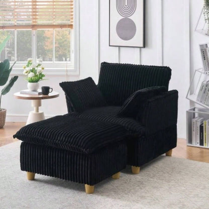 This single - corduroy sofa comes with an ottoman and throw pillows. Its sitting or lying down comfortably in living room, on balcony, or in study.