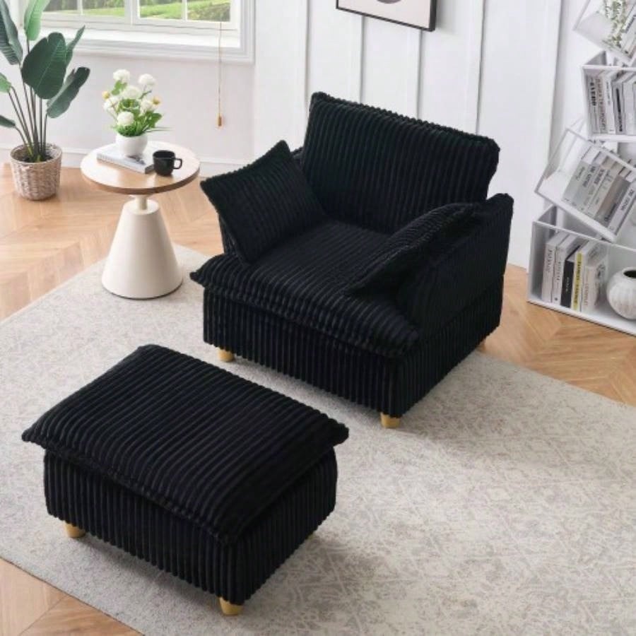 This single - corduroy sofa comes with an ottoman and throw pillows. Its sitting or lying down comfortably in living room, on balcony, or in study.