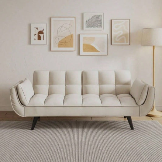 74 inch beige sofa soft two armrests throw pillow pillow comfortable fit apartment bedroom small space