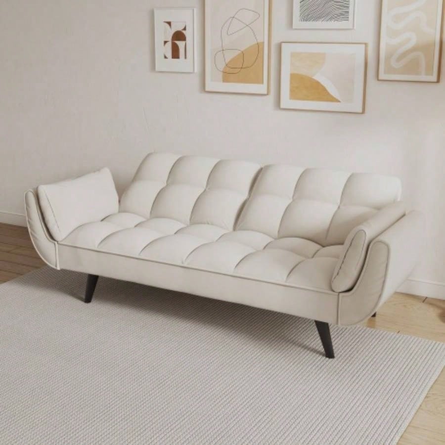 74 inch beige sofa soft two armrests throw pillow pillow comfortable fit apartment bedroom small space