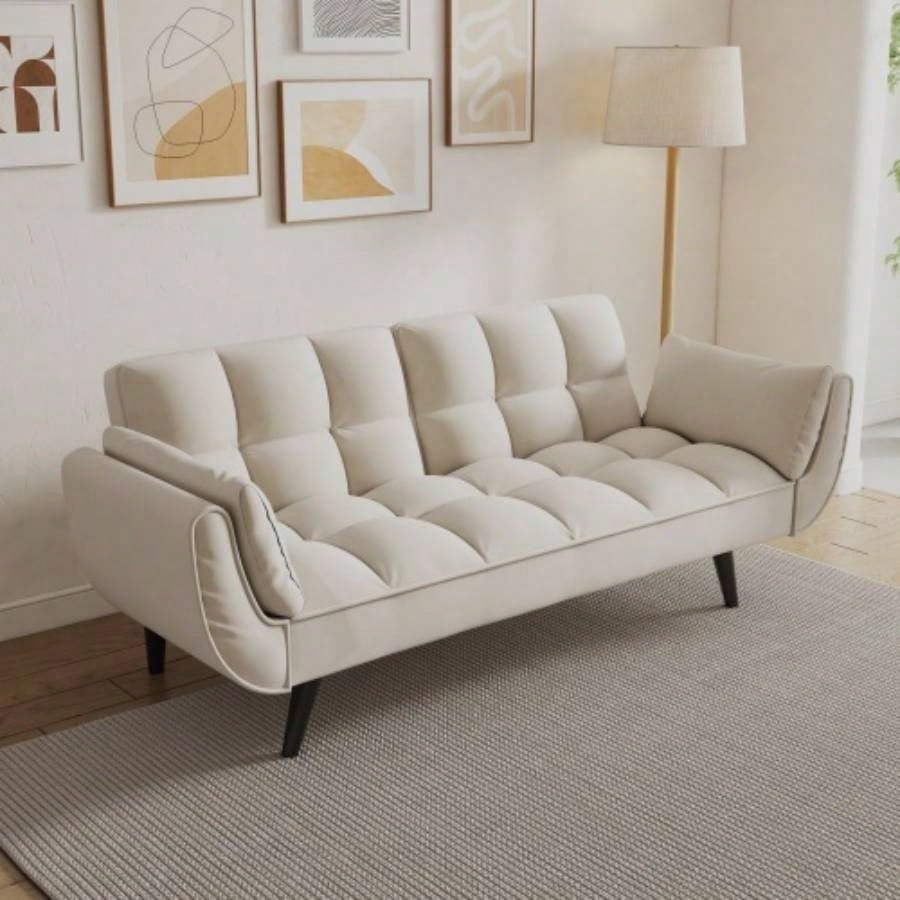 74 inch beige sofa soft two armrests throw pillow pillow comfortable fit apartment bedroom small space