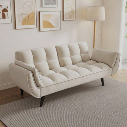 74 inch beige sofa soft two armrests throw pillow pillow comfortable fit apartment bedroom small space