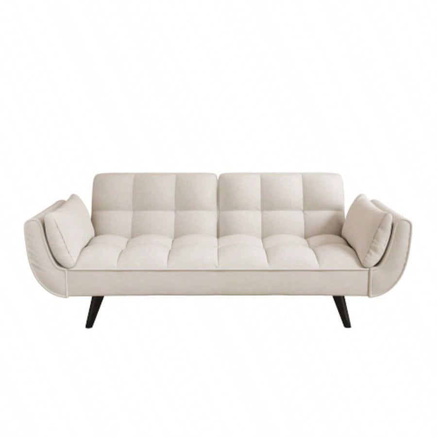 74 inch beige sofa soft two armrests throw pillow pillow comfortable fit apartment bedroom small space