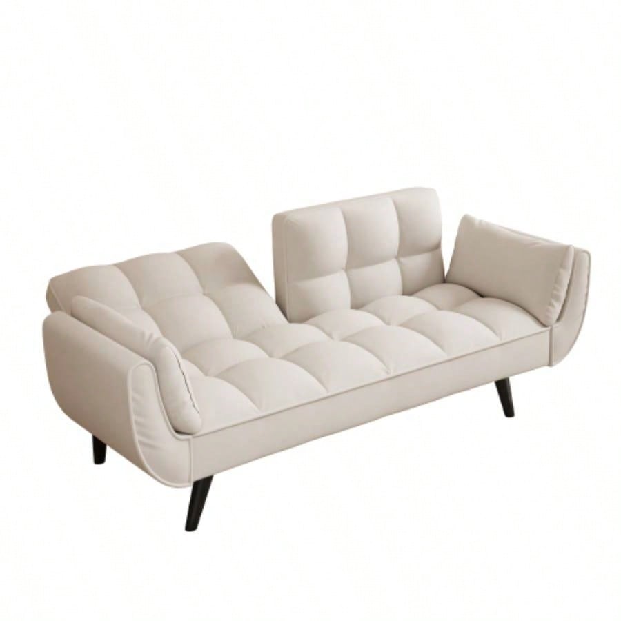 74 inch beige sofa soft two armrests throw pillow pillow comfortable fit apartment bedroom small space