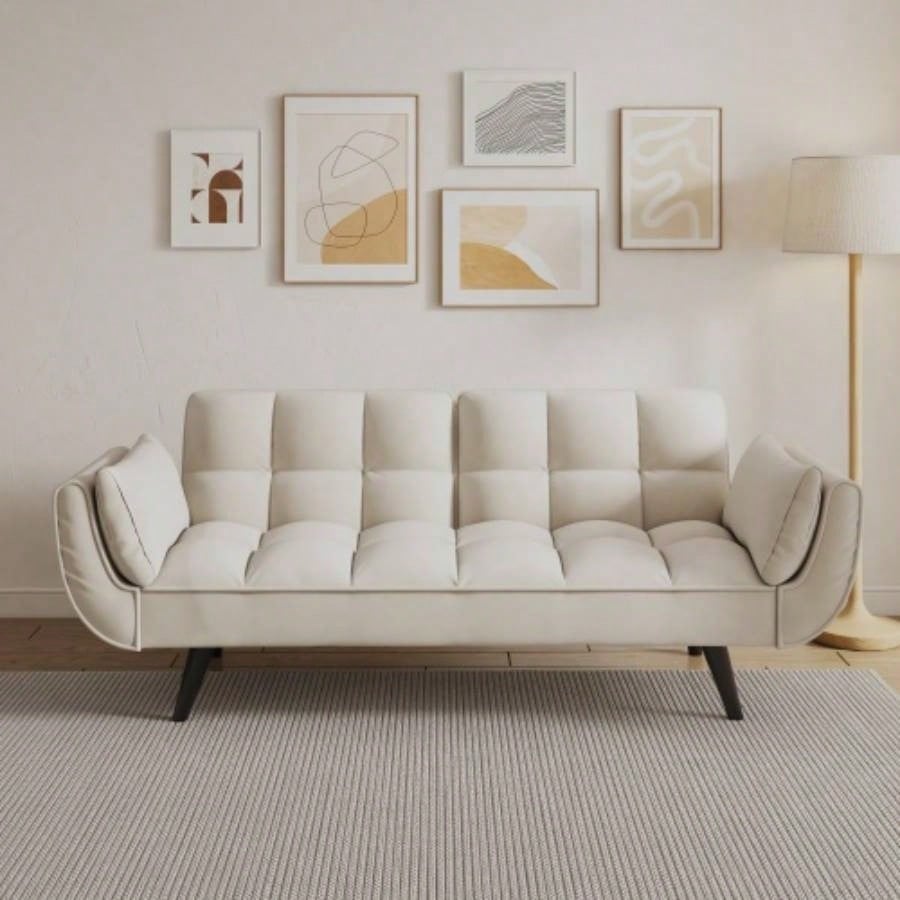 74 inch beige sofa soft two armrests throw pillow pillow comfortable fit apartment bedroom small space