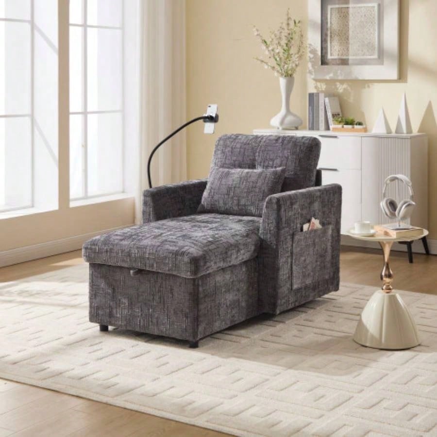 Multifunctional lazy person sofa recliner can be stored storage backrest with cell phone bracket chenille single leisure chair living room bedroom small household