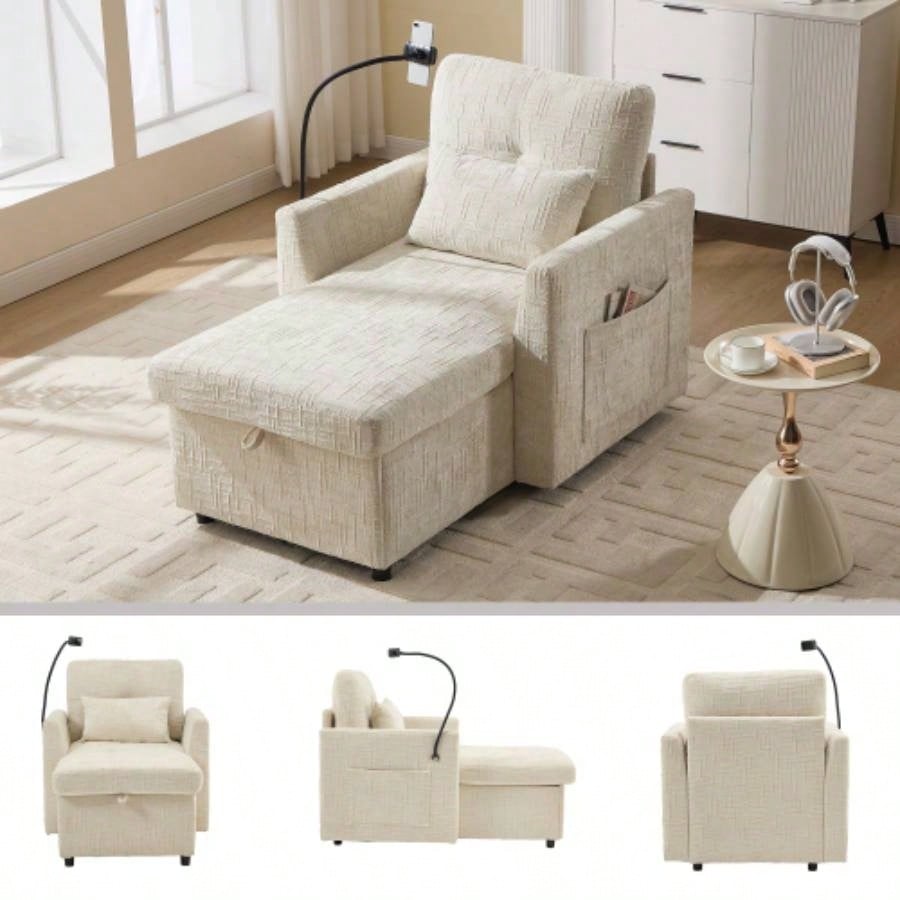 Multifunctional lazy person sofa recliner can be stored storage backrest with cell phone bracket chenille single leisure chair living room bedroom small household
