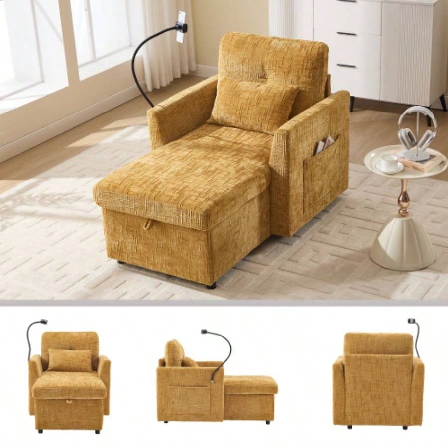 Multifunctional lazy person sofa recliner can be stored storage backrest with cell phone bracket chenille single leisure chair living room bedroom small household