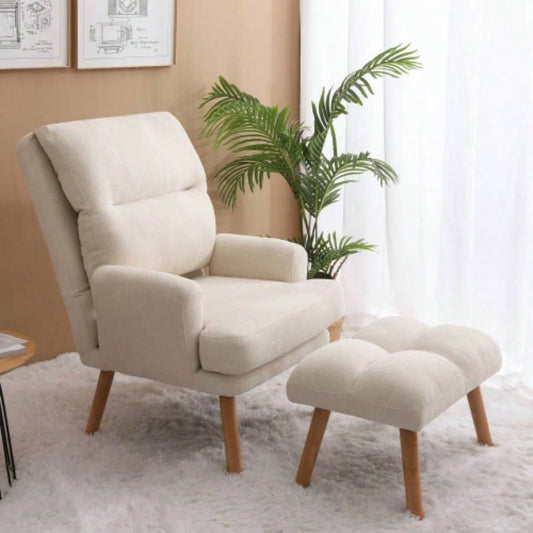 Accent Chair with Ottoman Set, Fabric Armchair with Wood and Adjustable Backrest, Mid Modern Comfy Lounge Chair Living Room, Bedroom, Reading Room and Study