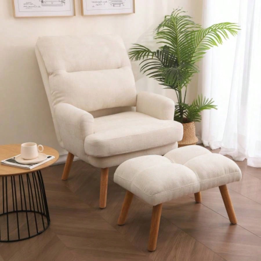 Accent Chair with Ottoman Set, Fabric Armchair with Wood and Adjustable Backrest, Mid Modern Comfy Lounge Chair Living Room, Bedroom, Reading Room and Study