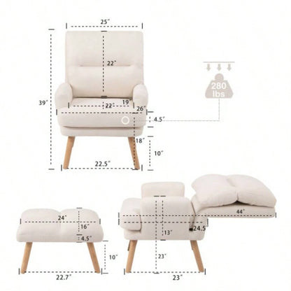 Accent Chair with Ottoman Set, Fabric Armchair with Wood and Adjustable Backrest, Mid Modern Comfy Lounge Chair Living Room, Bedroom, Reading Room and Study