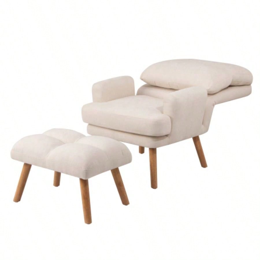 Accent Chair with Ottoman Set, Fabric Armchair with Wood and Adjustable Backrest, Mid Modern Comfy Lounge Chair Living Room, Bedroom, Reading Room and Study