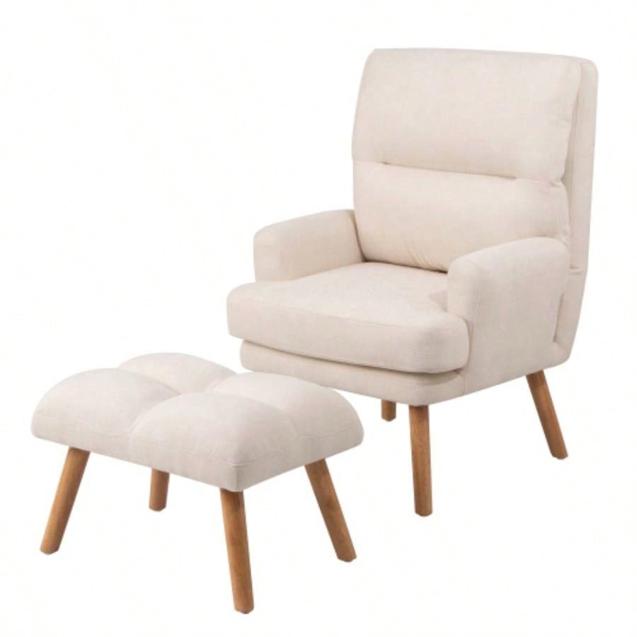 Accent Chair with Ottoman Set, Fabric Armchair with Wood and Adjustable Backrest, Mid Modern Comfy Lounge Chair Living Room, Bedroom, Reading Room and Study